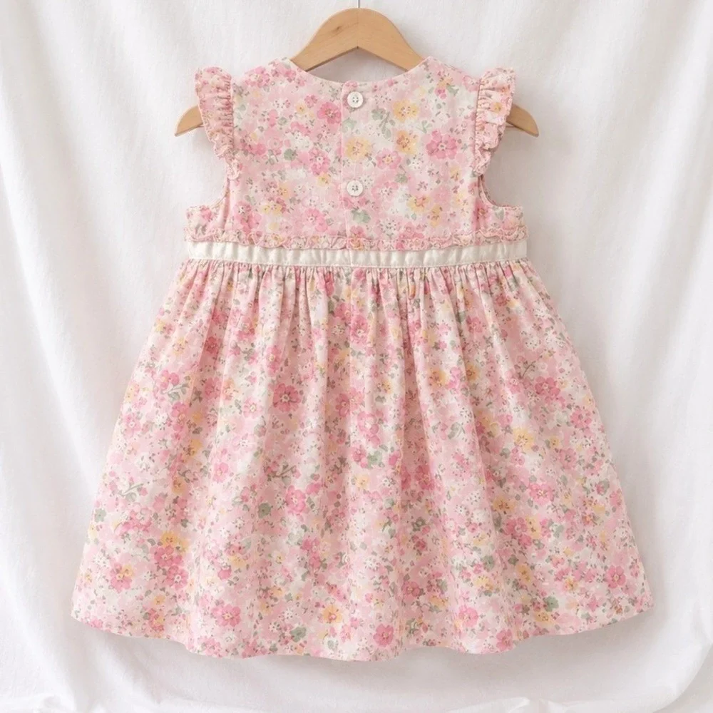 Chaps Baby Girls Floral Dress 12M Pink Yellow Ruffle Bow Easter Spring Cottage‎